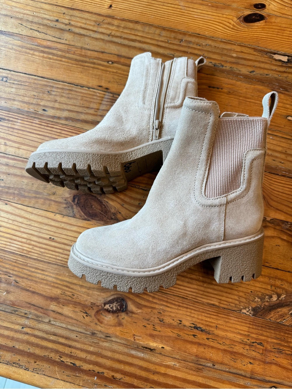 Beige Suede Chunky Heel Chelsea Boots